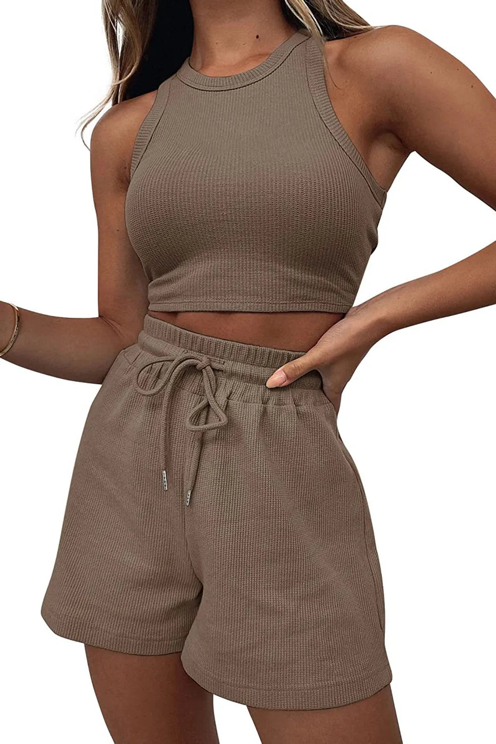 Round-Neck Crop Top & Drawstring Shorts Set