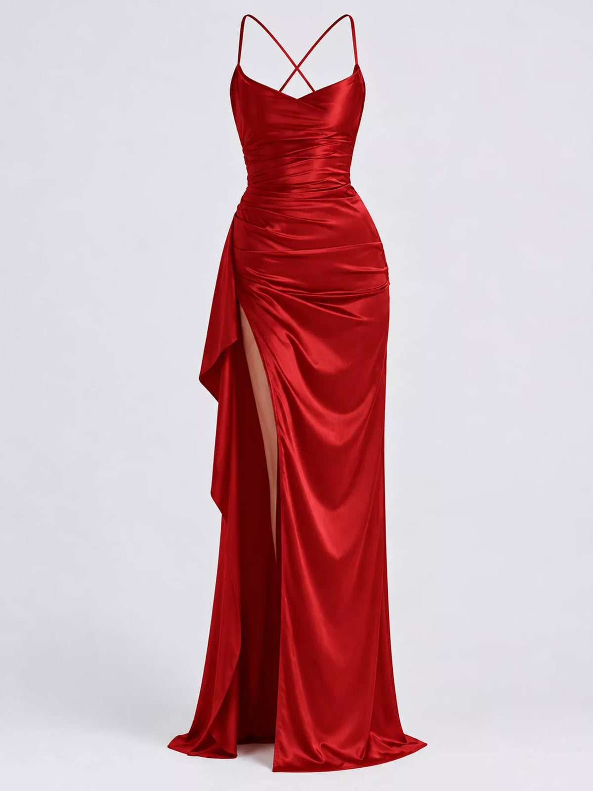 Satin Ruched High-Slit Maxi Dress