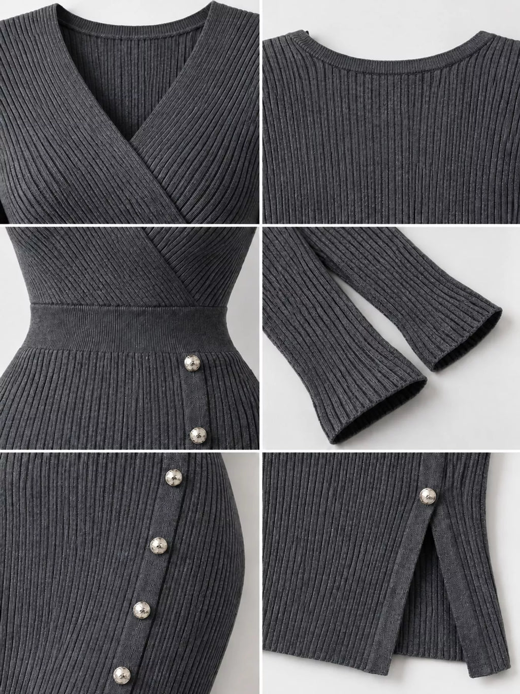Ribbed Knit Sweater Dress with Decorative Buttons