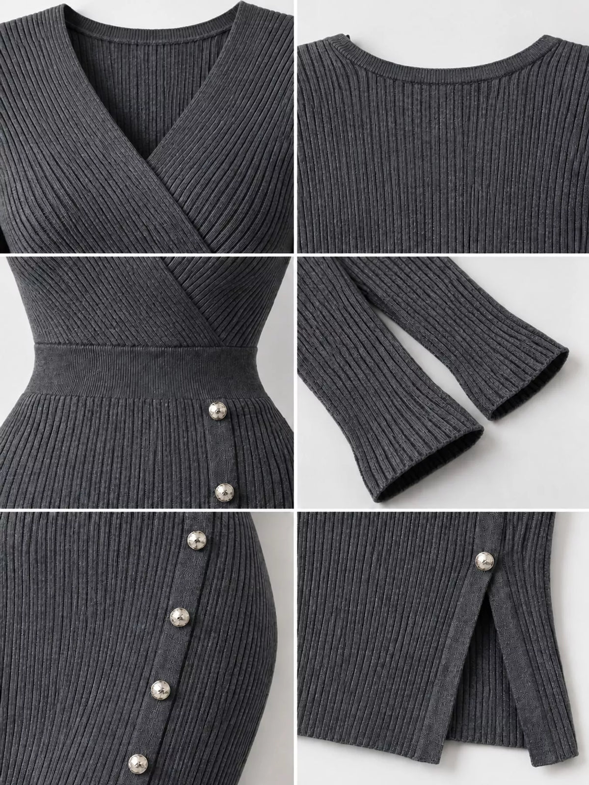 Ribbed Knit Sweater Dress with Decorative Buttons