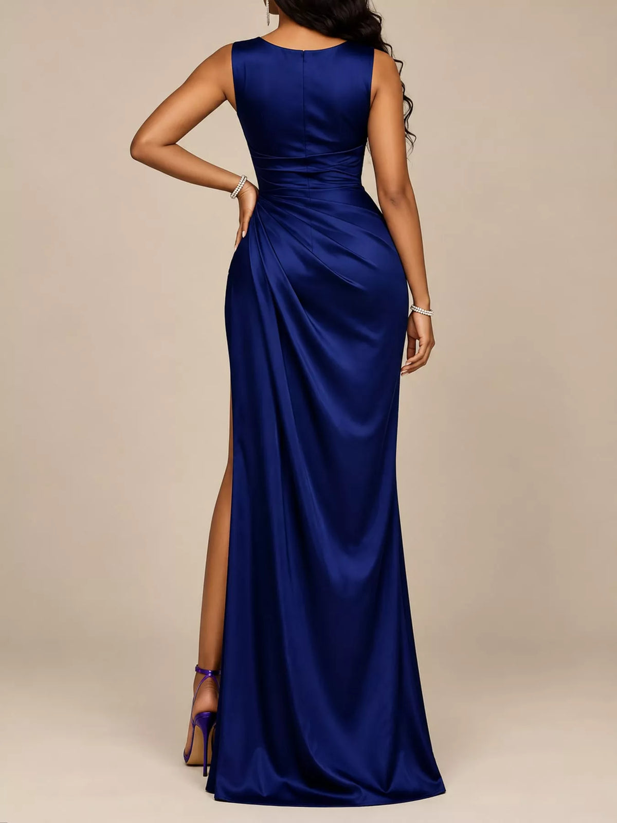 Satin Cowl-Neck High-Slit Maxi Dress