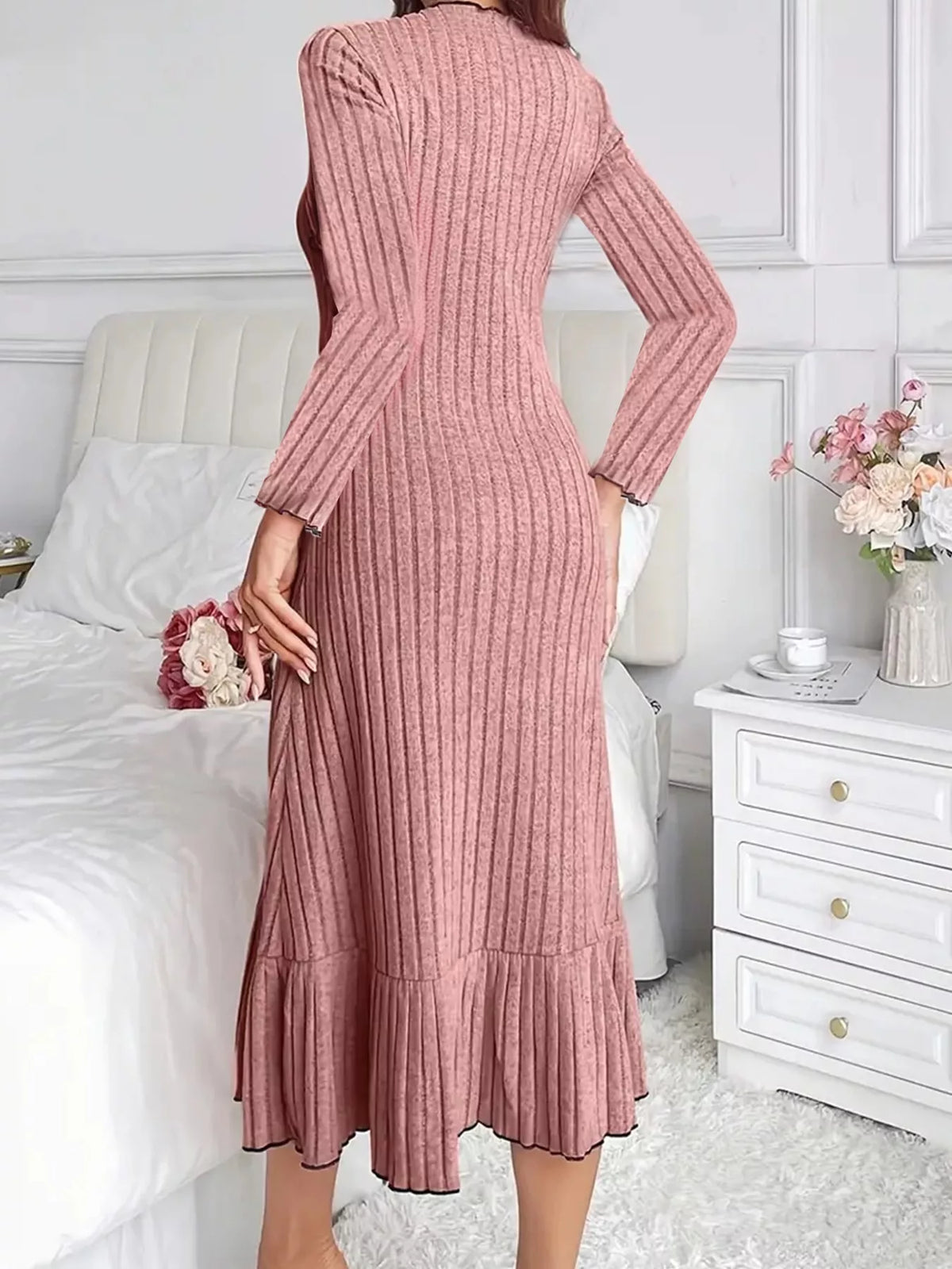 Long-Sleeve Ribbed Knit Ruffle-Hem Midi Dress, S–3XL