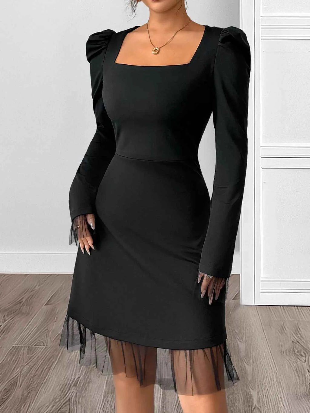 Black Square-Neck Puff-Sleeve Mesh-Hem Dress