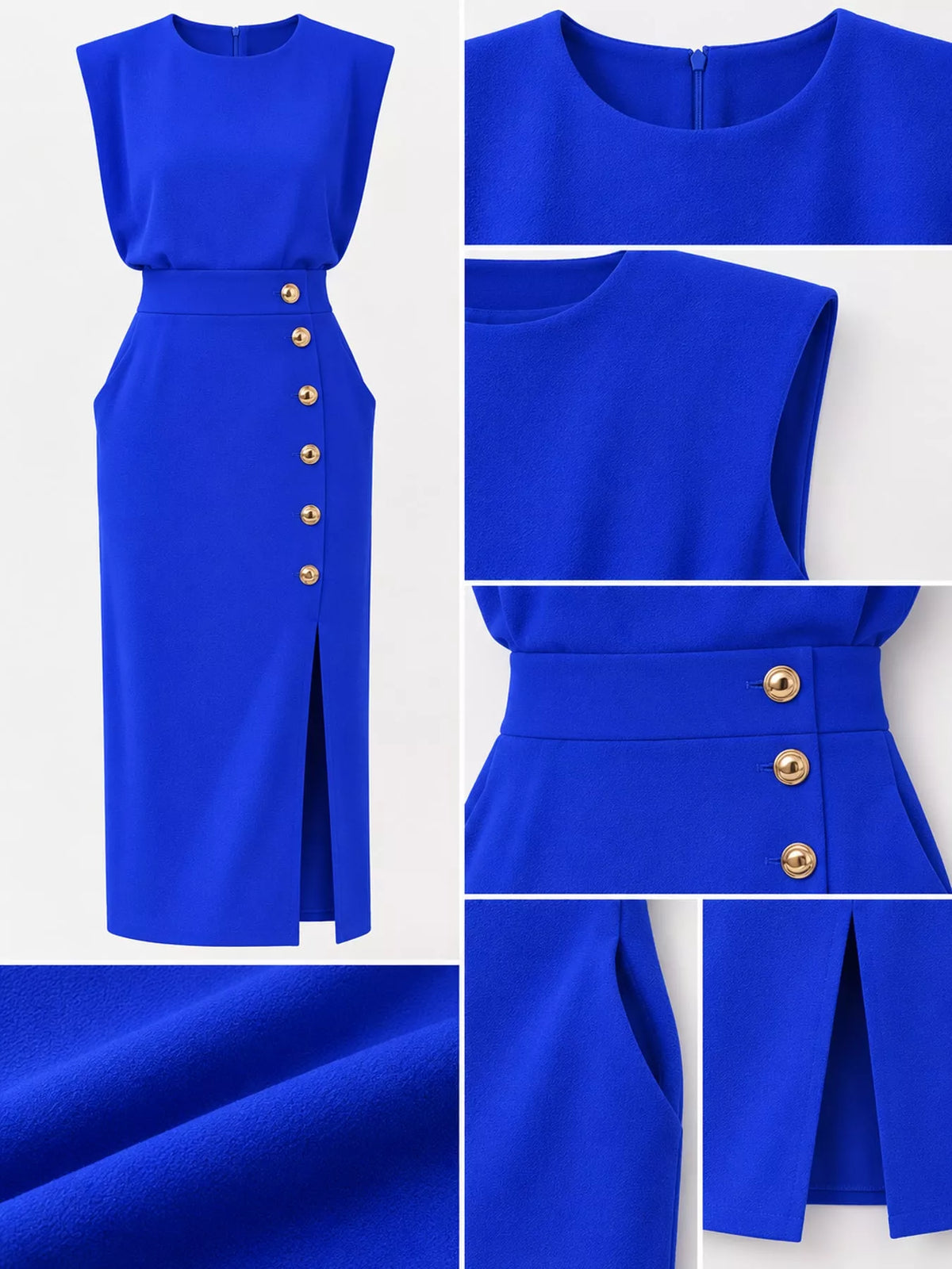 Sleeveless Gold-Tone Button-Detail Midi Dress
