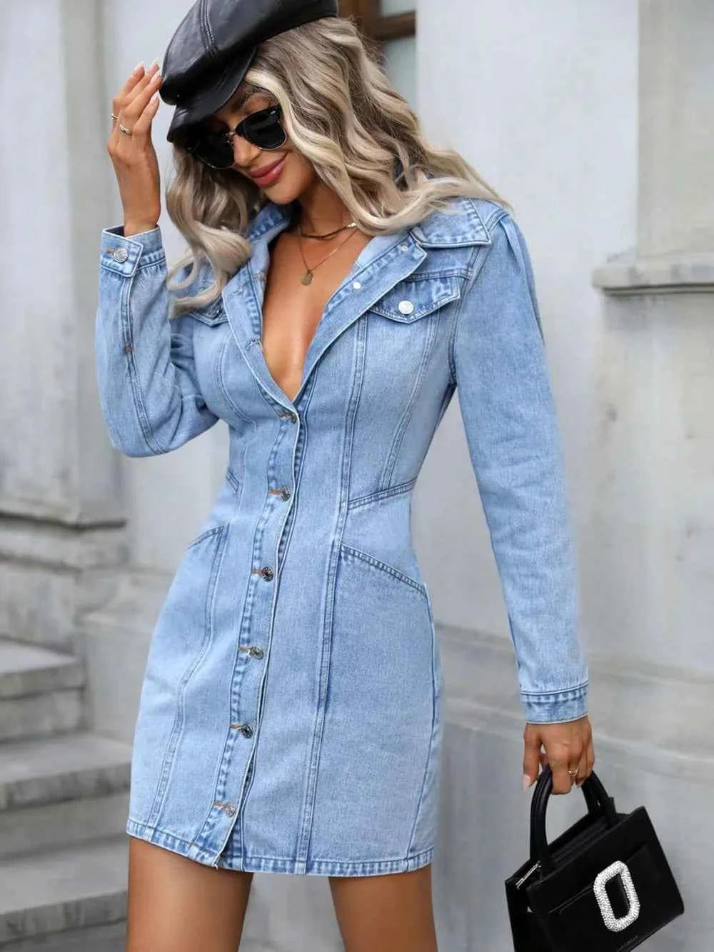 Collared Button-Up Long-Sleeve Denim Mini Dress