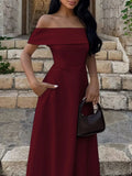 Burgundy Off-Shoulder A-Line Maxi Dress with Pockets