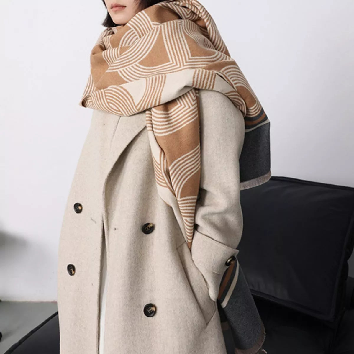 Geometric-Print Cotton Raw-Hem Scarf