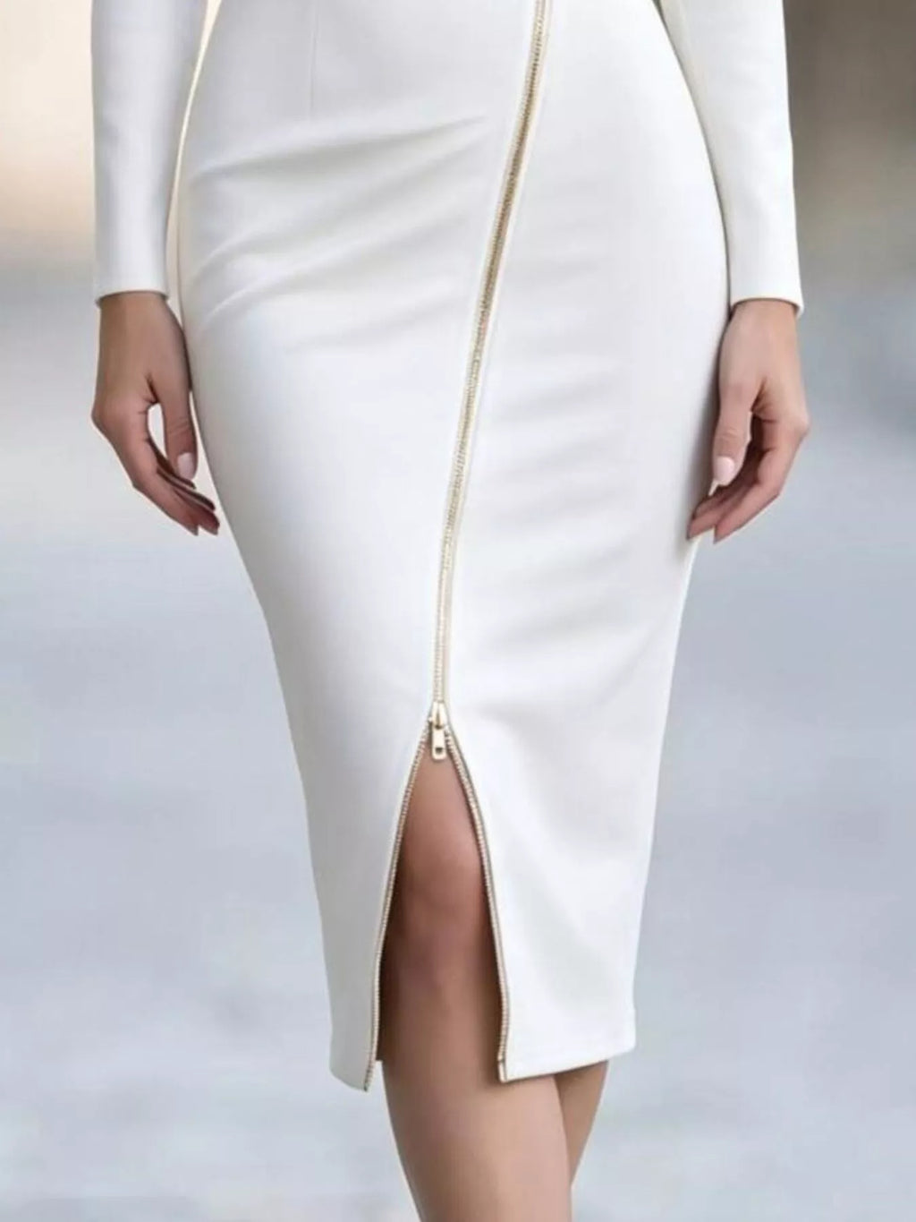 Asymmetric Zipper Lapel Bodycon Midi Dress