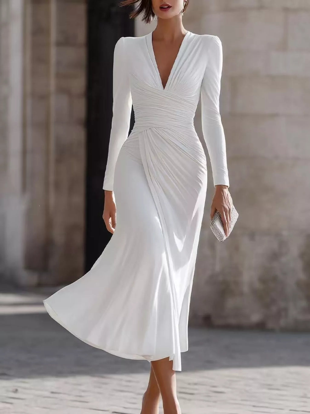 Ruched Long-Sleeve Midi Dress | XS–3XL
