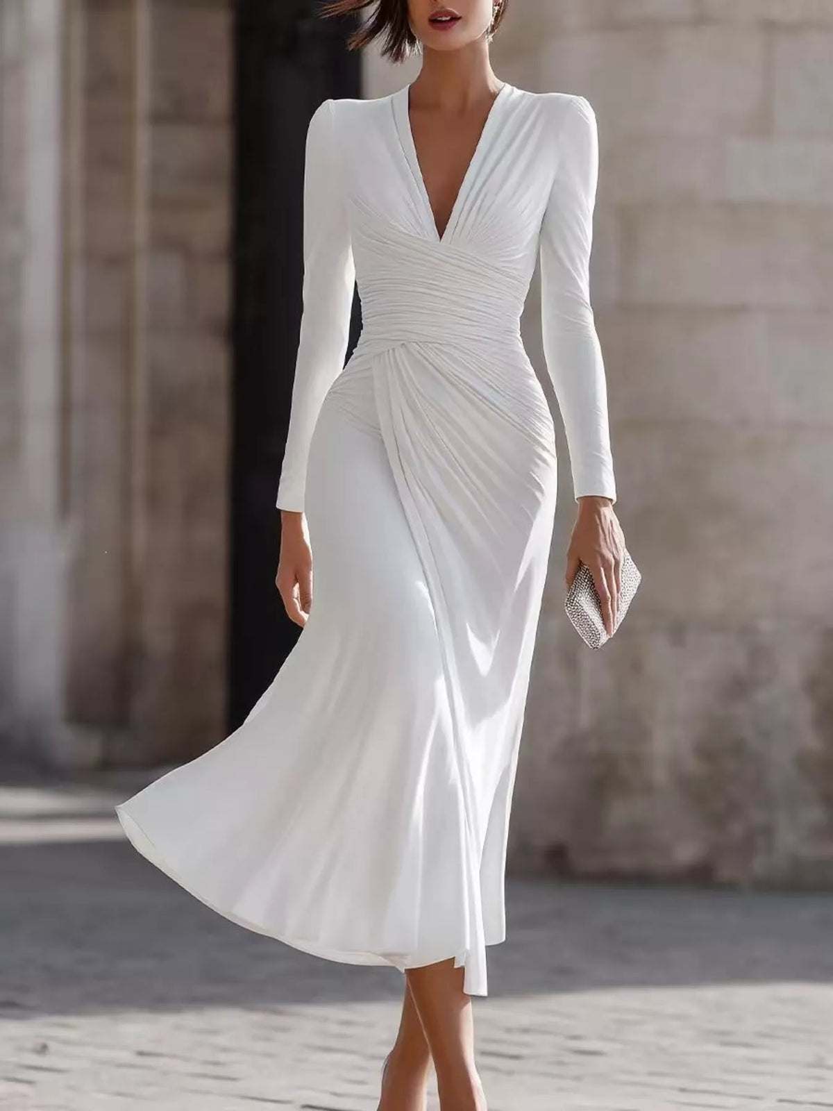 Ruched Long-Sleeve Midi Dress | XS–3XL