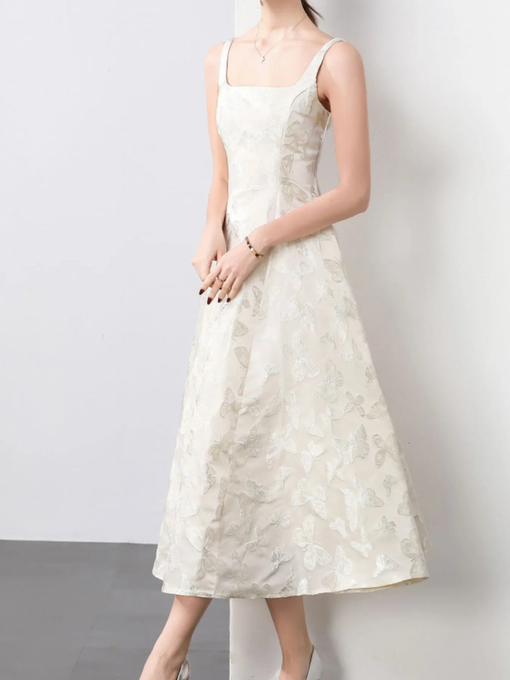 Apricot Butterfly-Embroidered Sleeveless A-Line Midi Dress