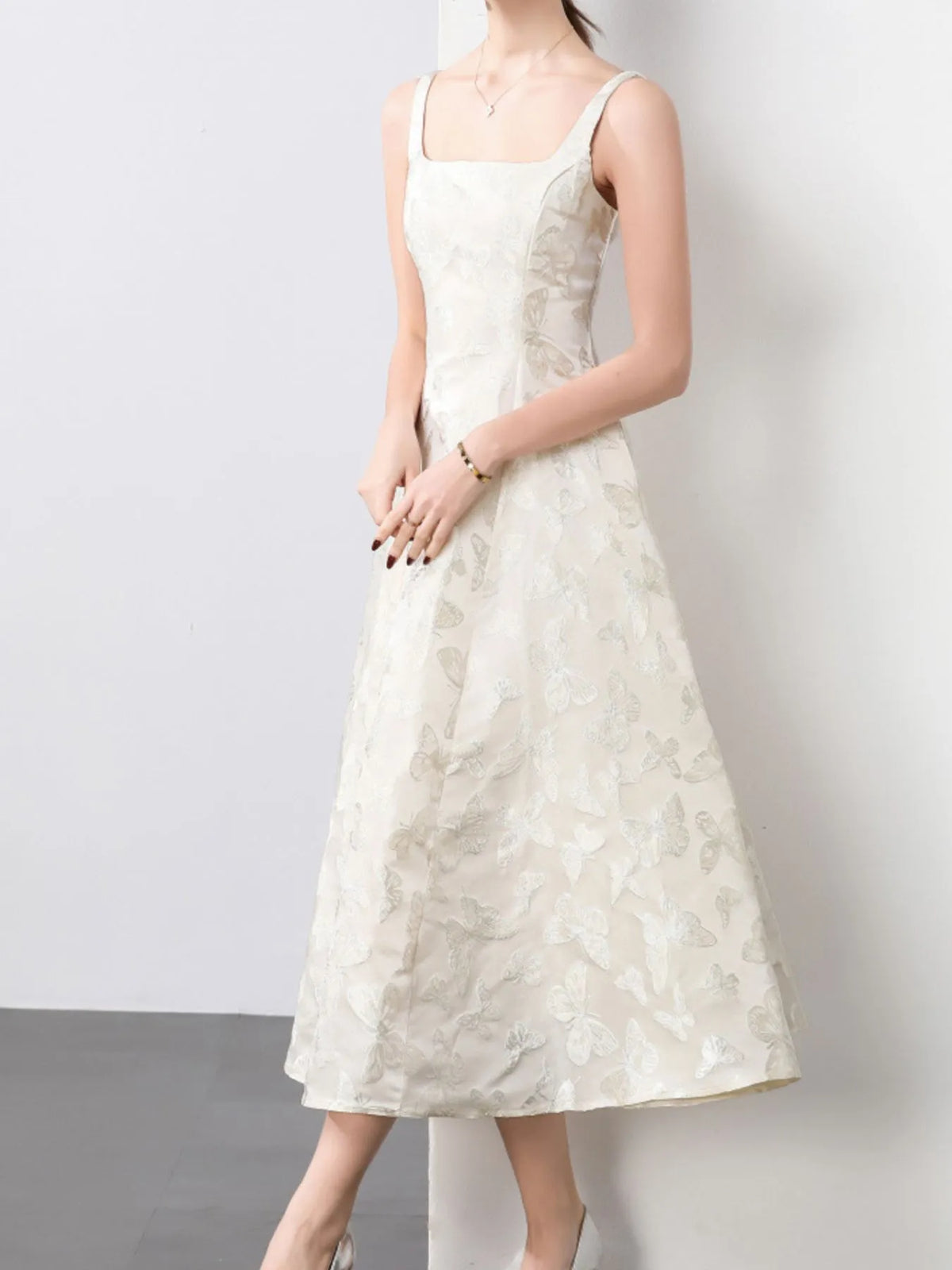 Apricot Butterfly-Embroidered Sleeveless A-Line Midi Dress