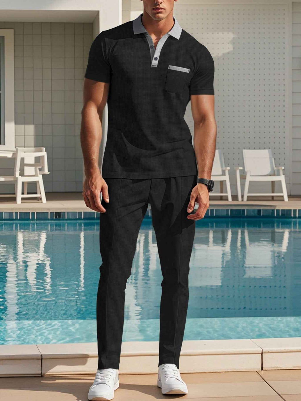 Men’s Contrast-Trim Polo & Drawstring Pants Set