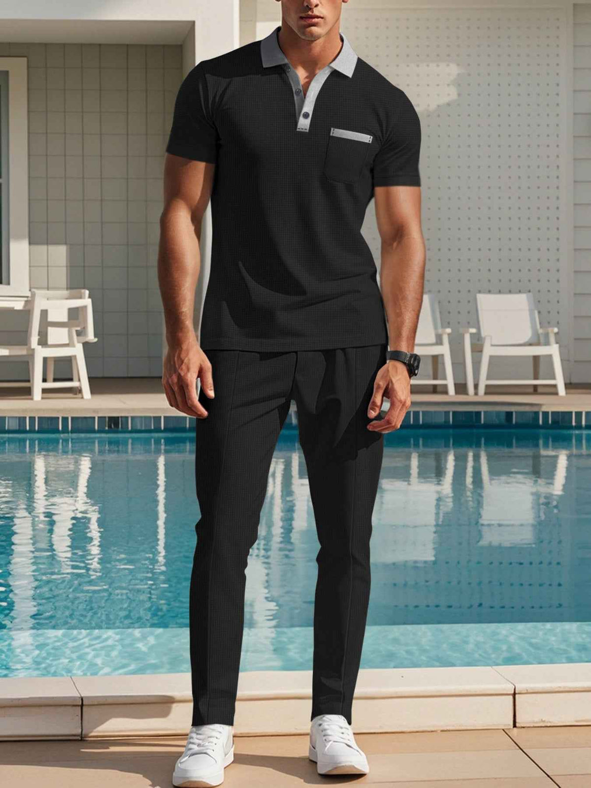 Men’s Contrast-Trim Polo & Drawstring Pants Set