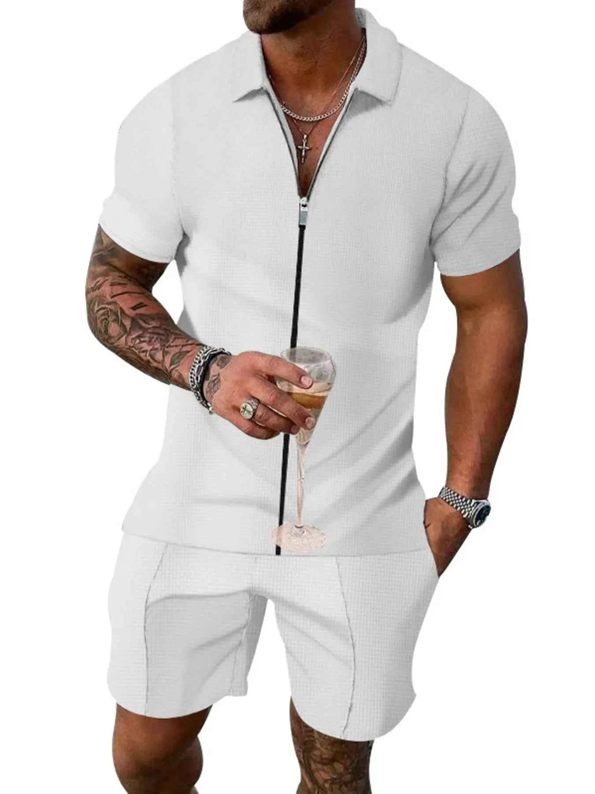 Men’s Zip-Front Short-Sleeve Top & Shorts Set