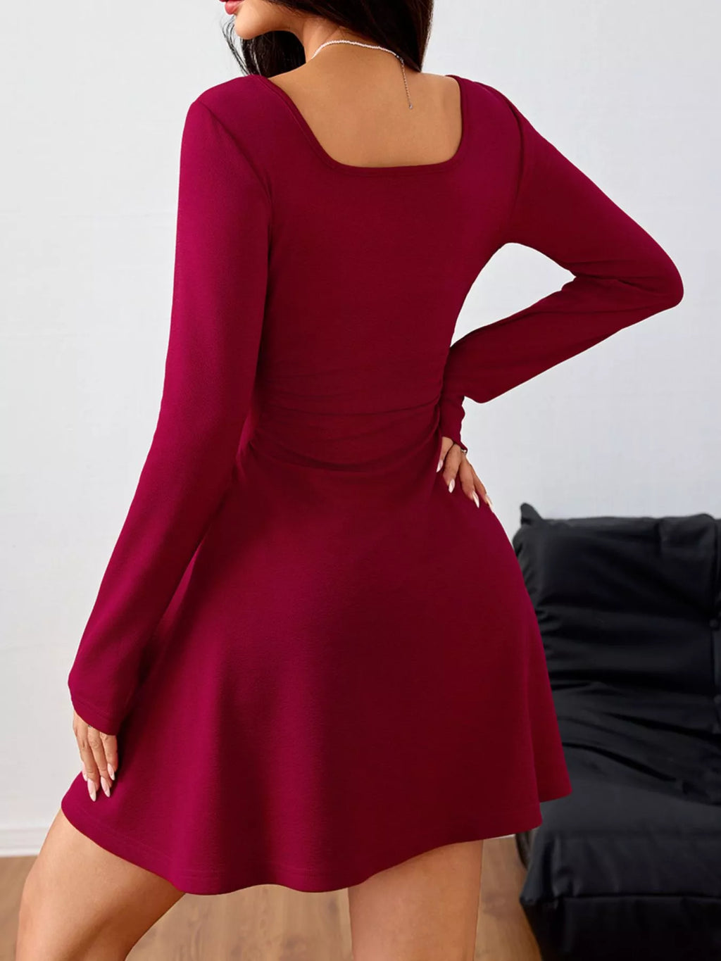 Square-Neck Ruched Long-Sleeve Mini Dress