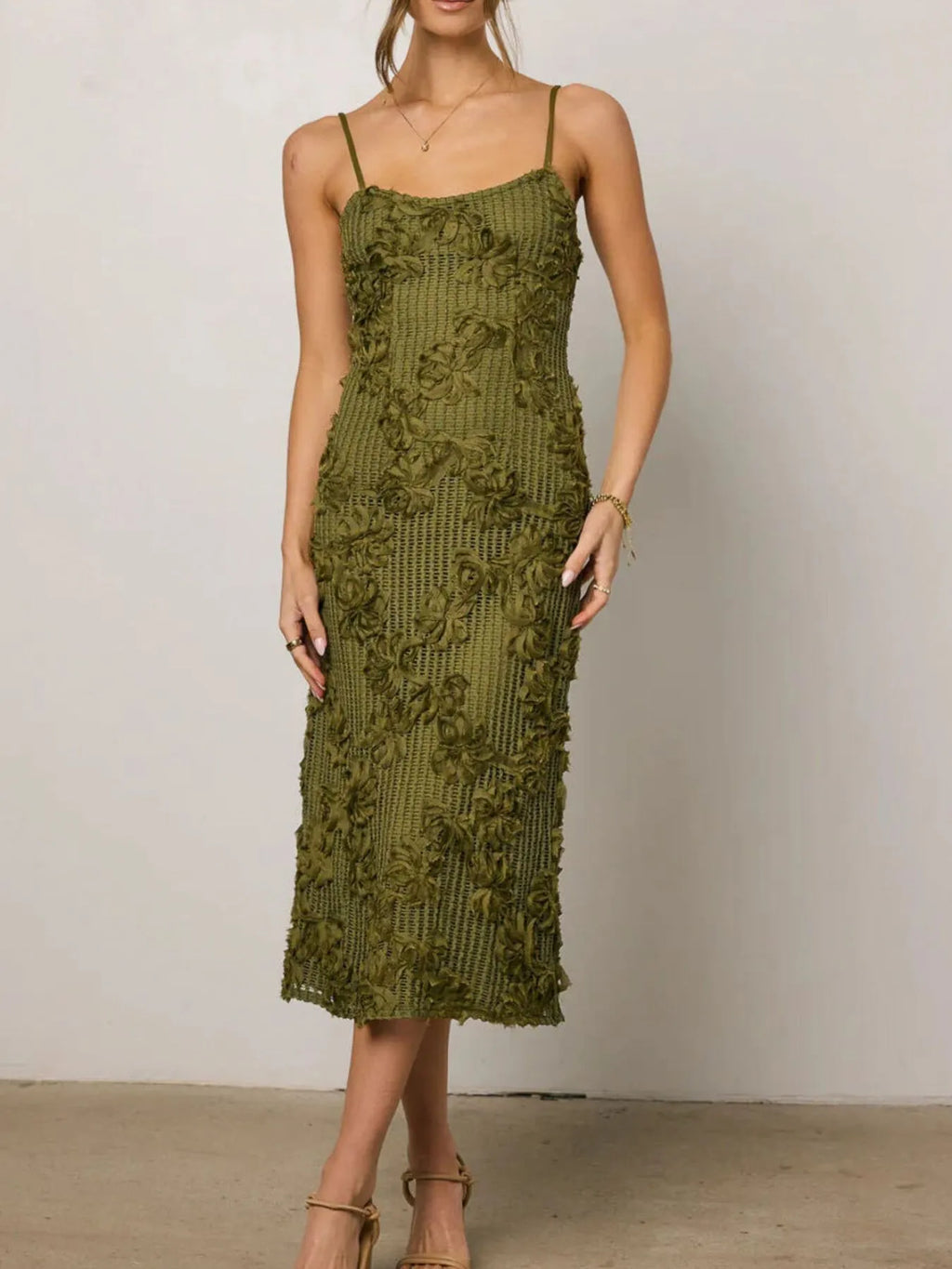 Olive Floral-Texture Midi Cami Dress