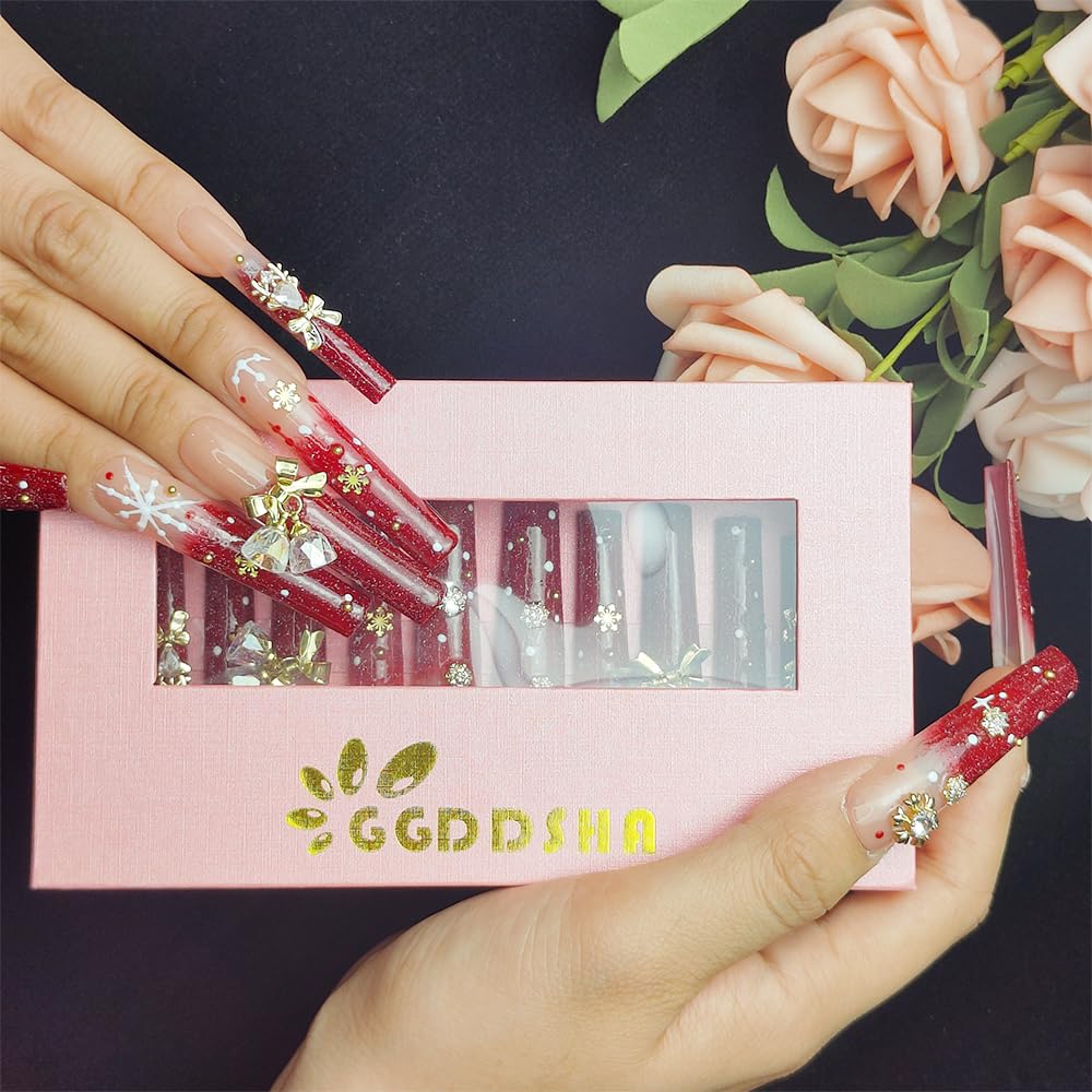 Red Snowflake Rhinestone Press-On Nails — Long PMMA Acrylic, Reusable, 2 Sizes — Prime Trend Market