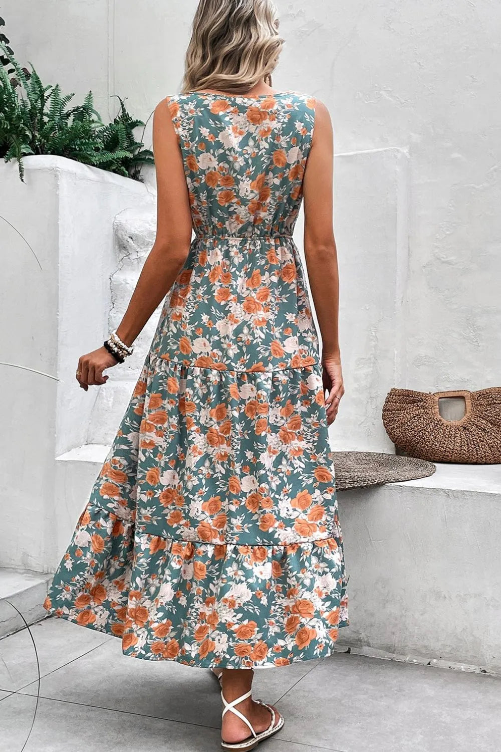 Floral V-Neck Tie-Waist Sleeveless Tiered Dress