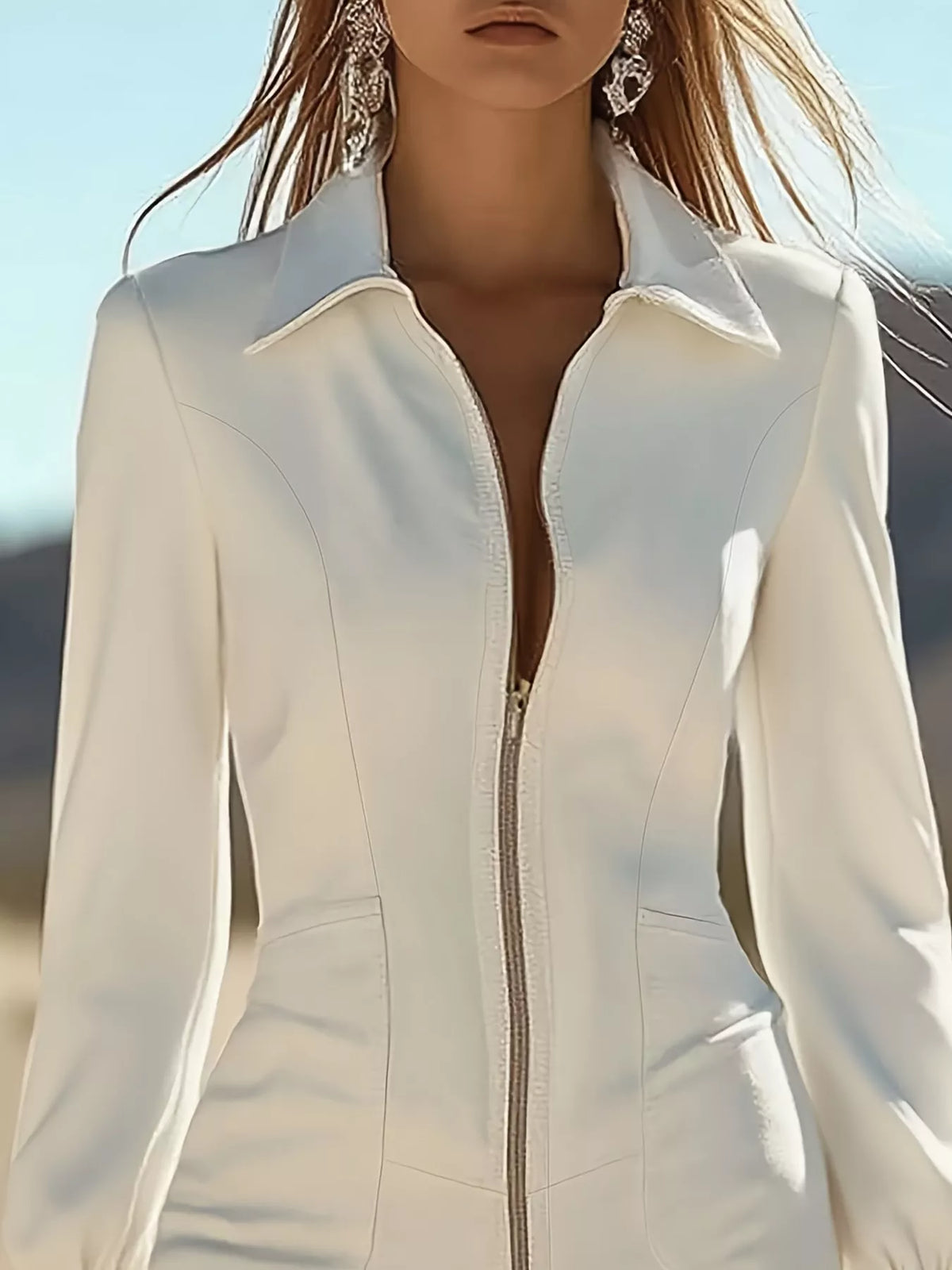 Zip-Front Long-Sleeve Fringe-Hem Mini Dress
