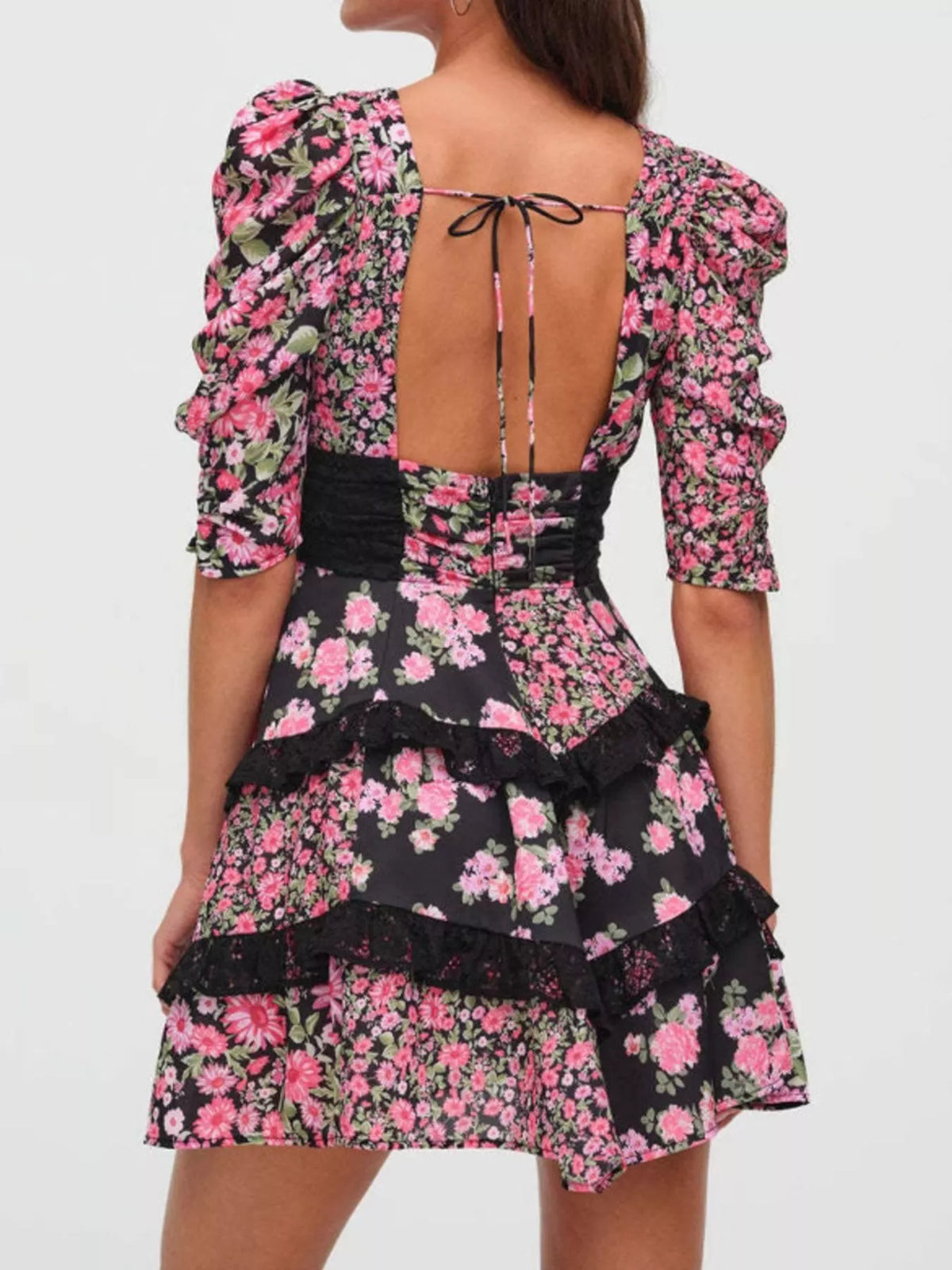 Ruffled Floral-Print Half-Sleeve Dress