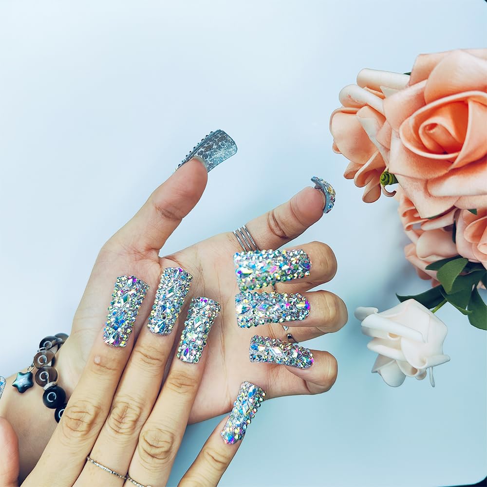Full Diamond Duck Press-On Nails – 3D Crystal Aurora Edge | Handmade PMMA Acrylic, Gift Box — Prime Trend Market