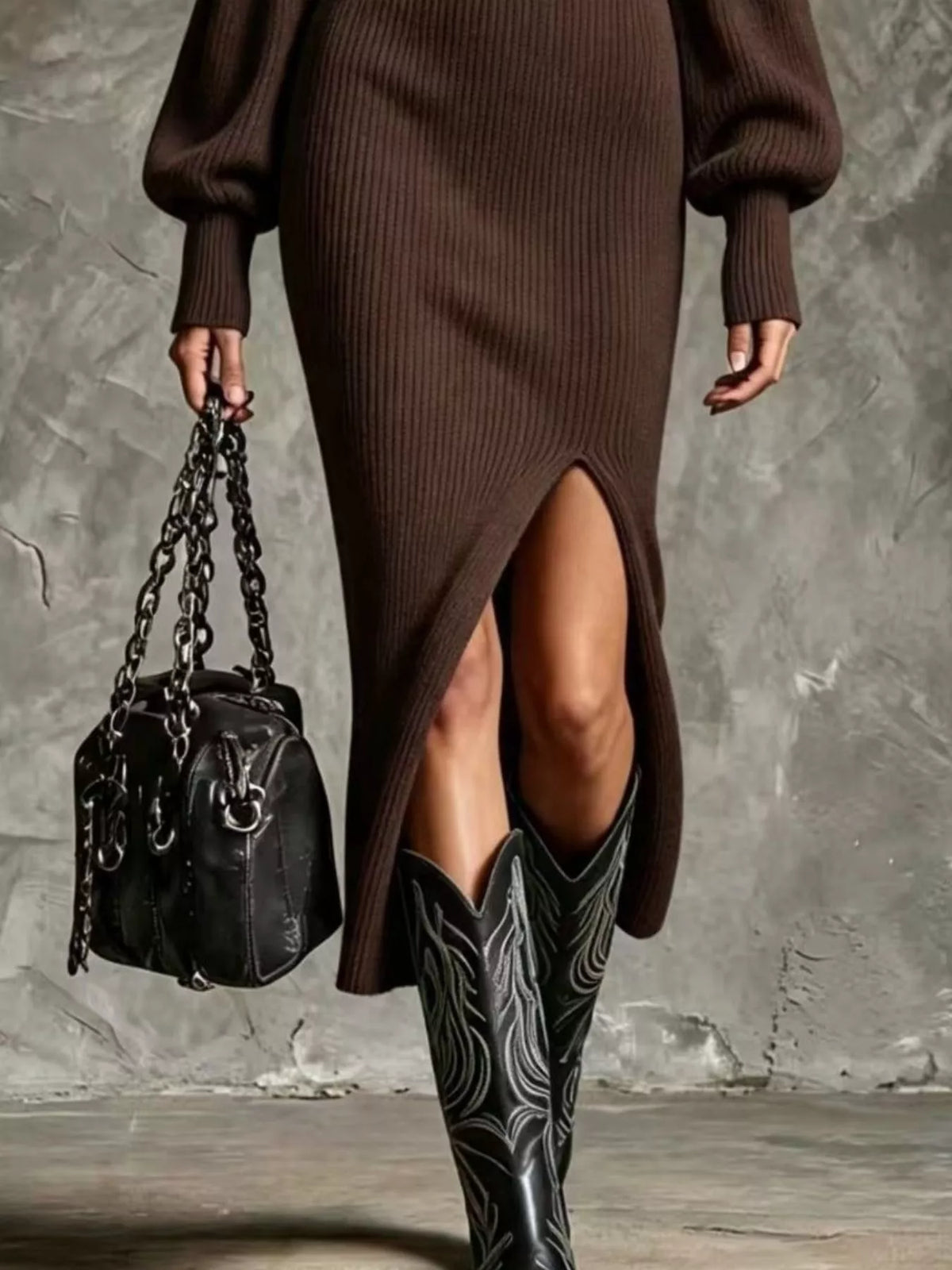 Ribbed Quarter-Zip Lantern-Sleeve Slit Sweater Midi Dress