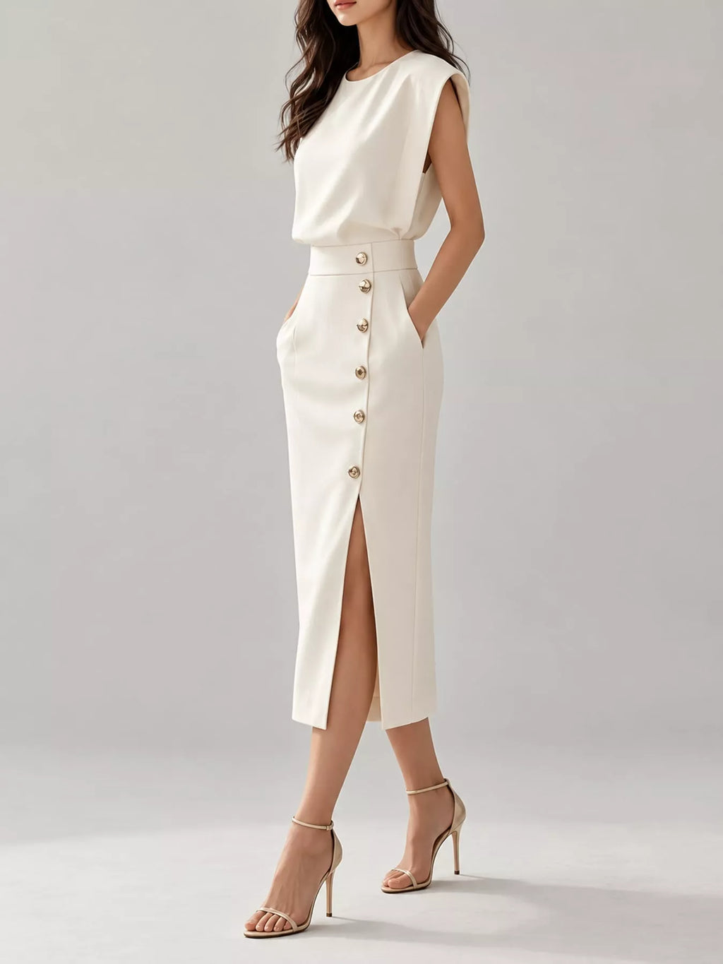 Sleeveless Gold-Tone Button-Detail Midi Dress