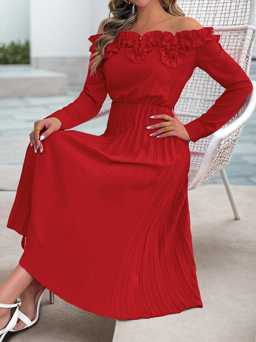 Red Off-Shoulder Ruffle Long-Sleeve Pleated Midi Dress