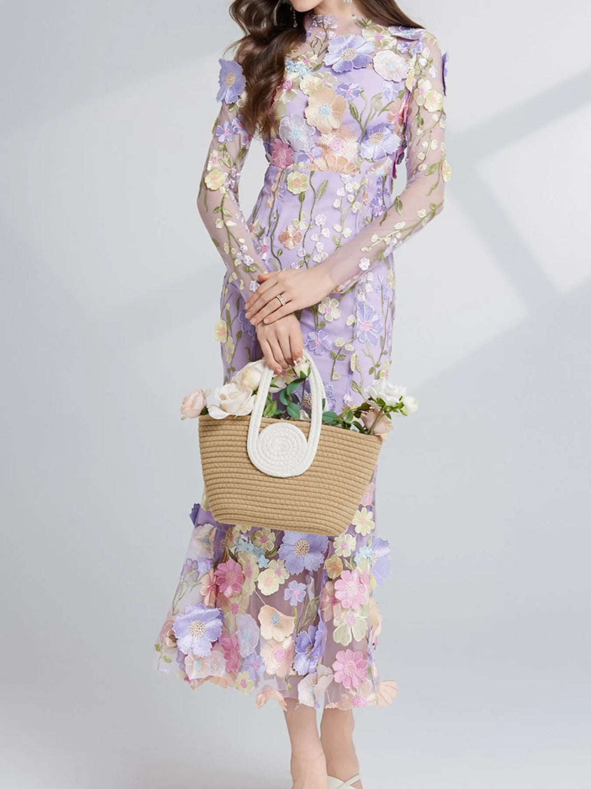 Floral-Embroidered Mesh Long-Sleeve Midi Dress