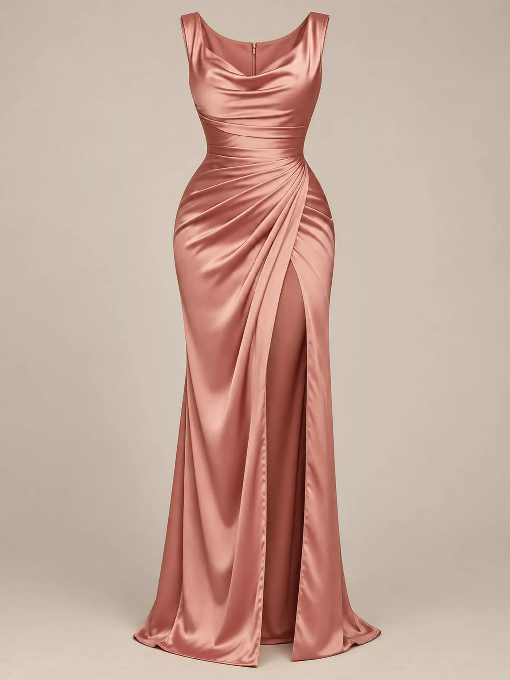 Satin Cowl-Neck Ruched High-Slit Maxi Dress