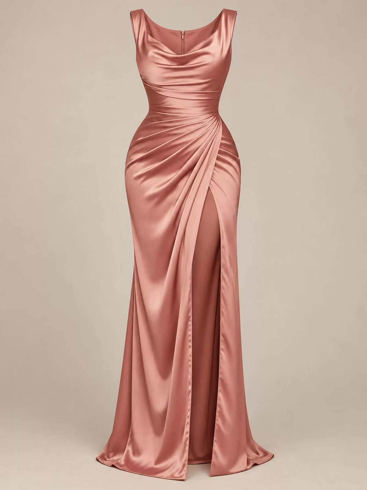 Satin Cowl-Neck Ruched High-Slit Maxi Dress