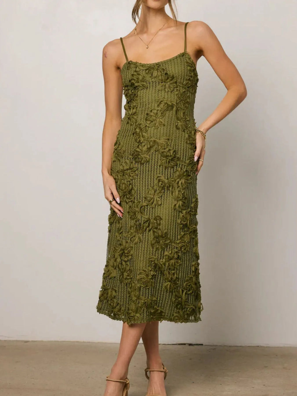 Olive Floral-Texture Midi Cami Dress