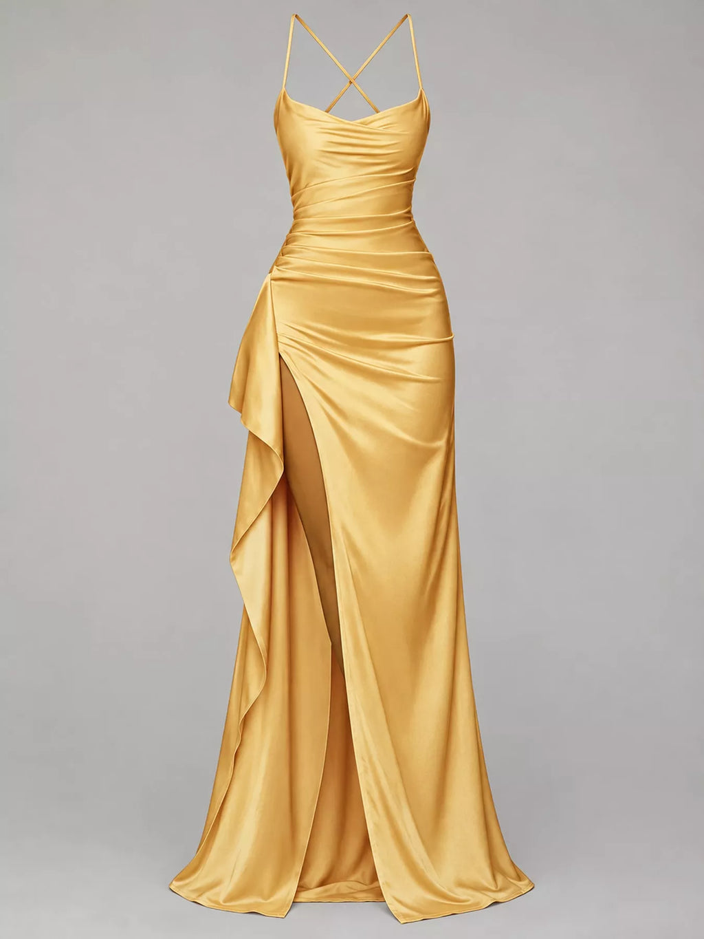 Satin Ruched High-Slit Maxi Dress