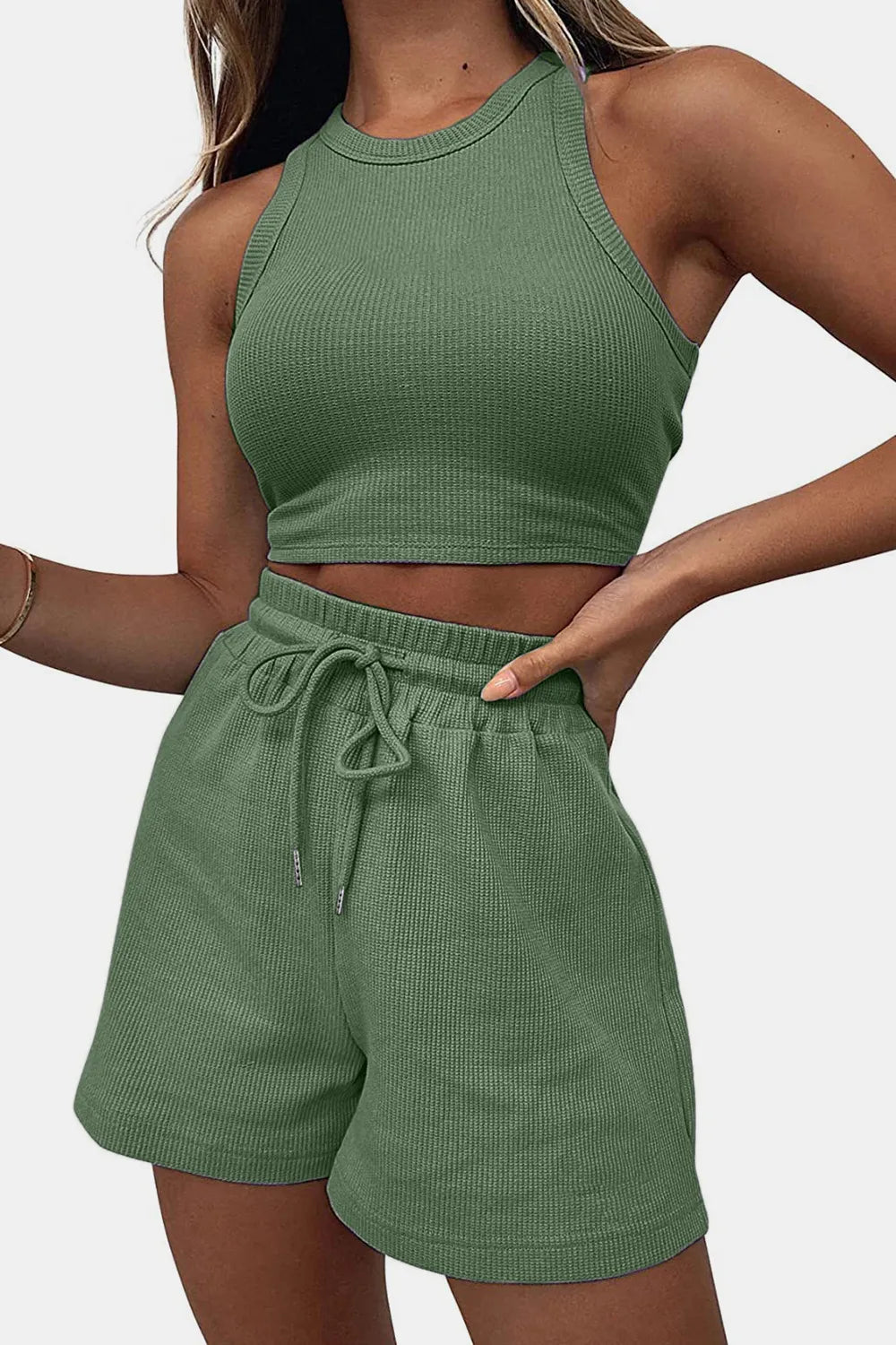 Round-Neck Crop Top & Drawstring Shorts Set