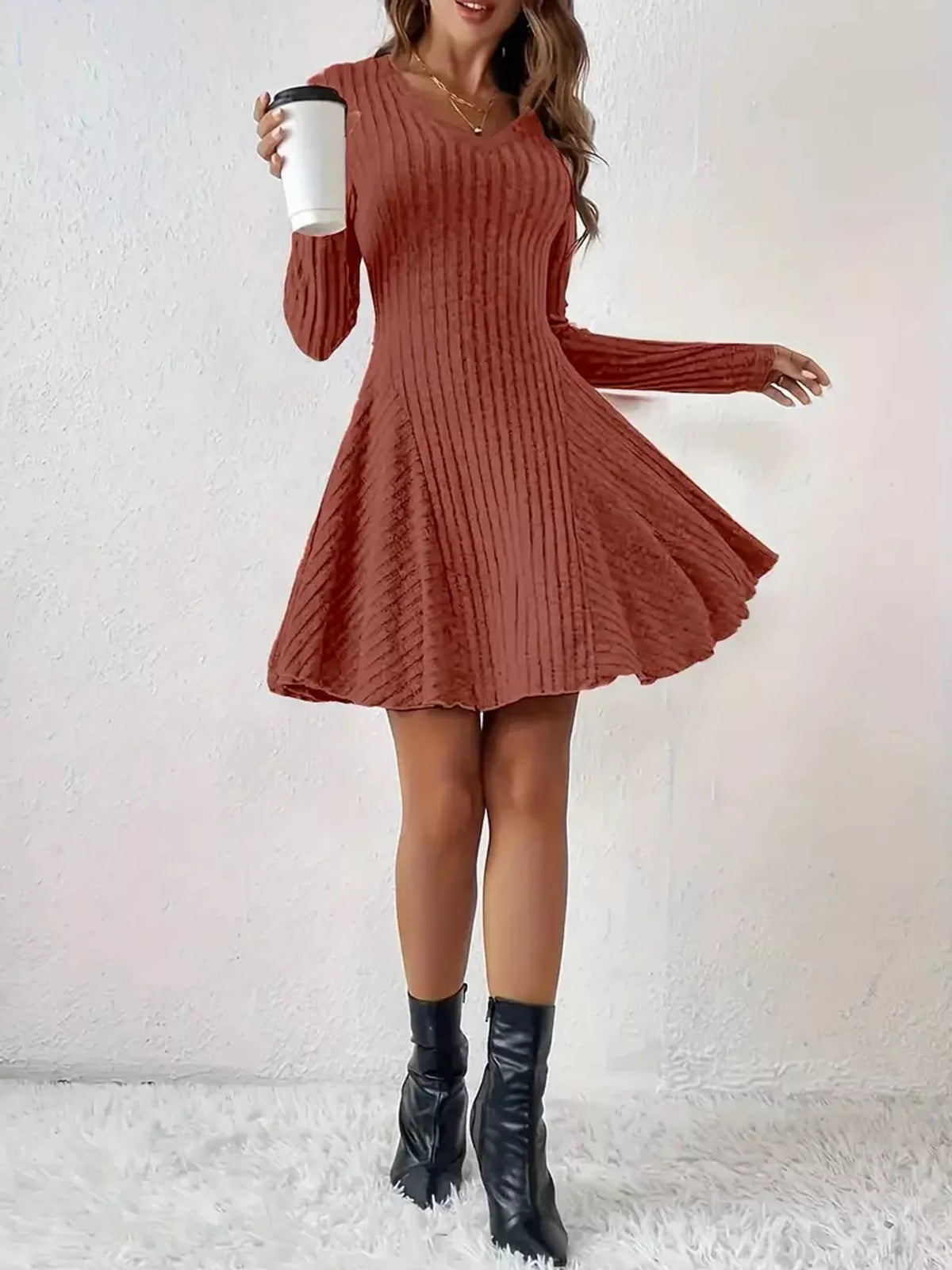 Long-Sleeve Ribbed Knit A-Line Mini Dress