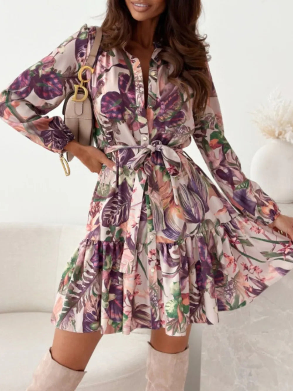 Floral Long-Sleeve Tie-Waist Ruffle-Hem Mini Dress