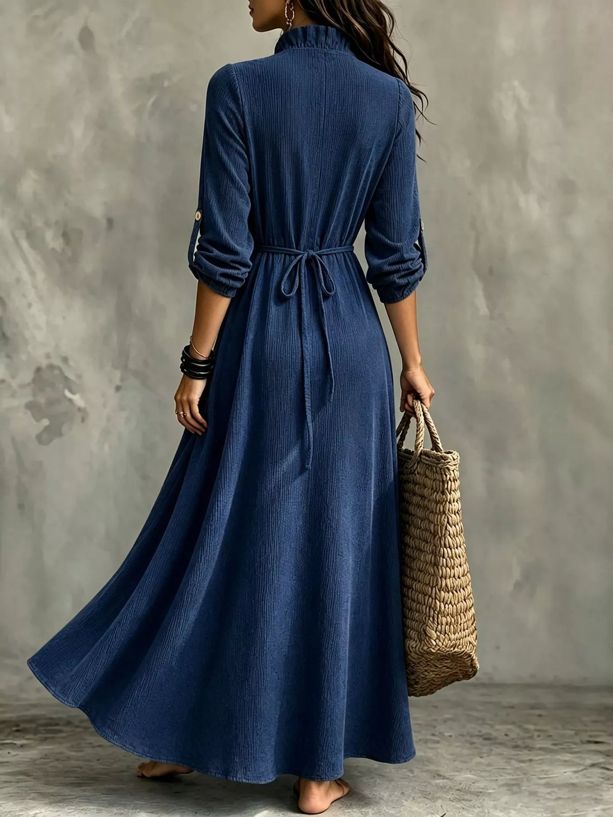 Frill V-Neck Roll-Tab Sleeve Maxi Dress, XS–3XL