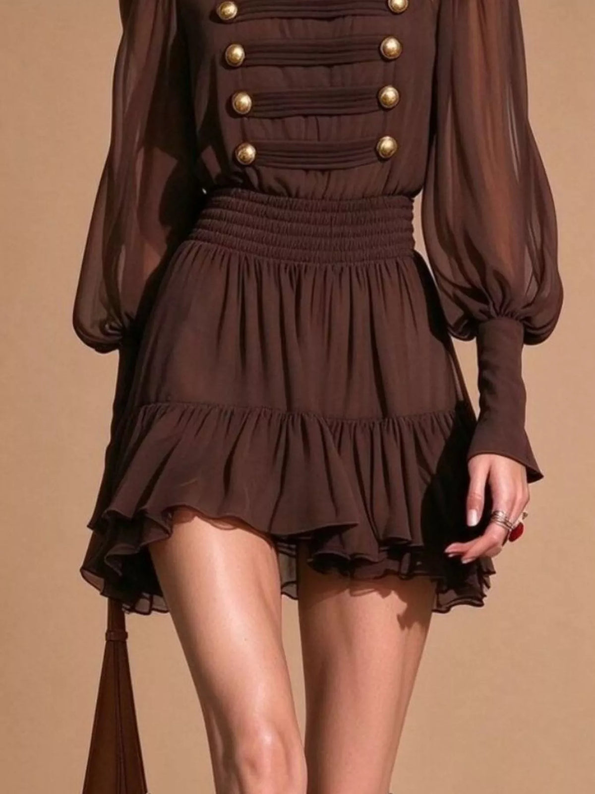 Decorative-Button Ruffled Tiered Mini Dress