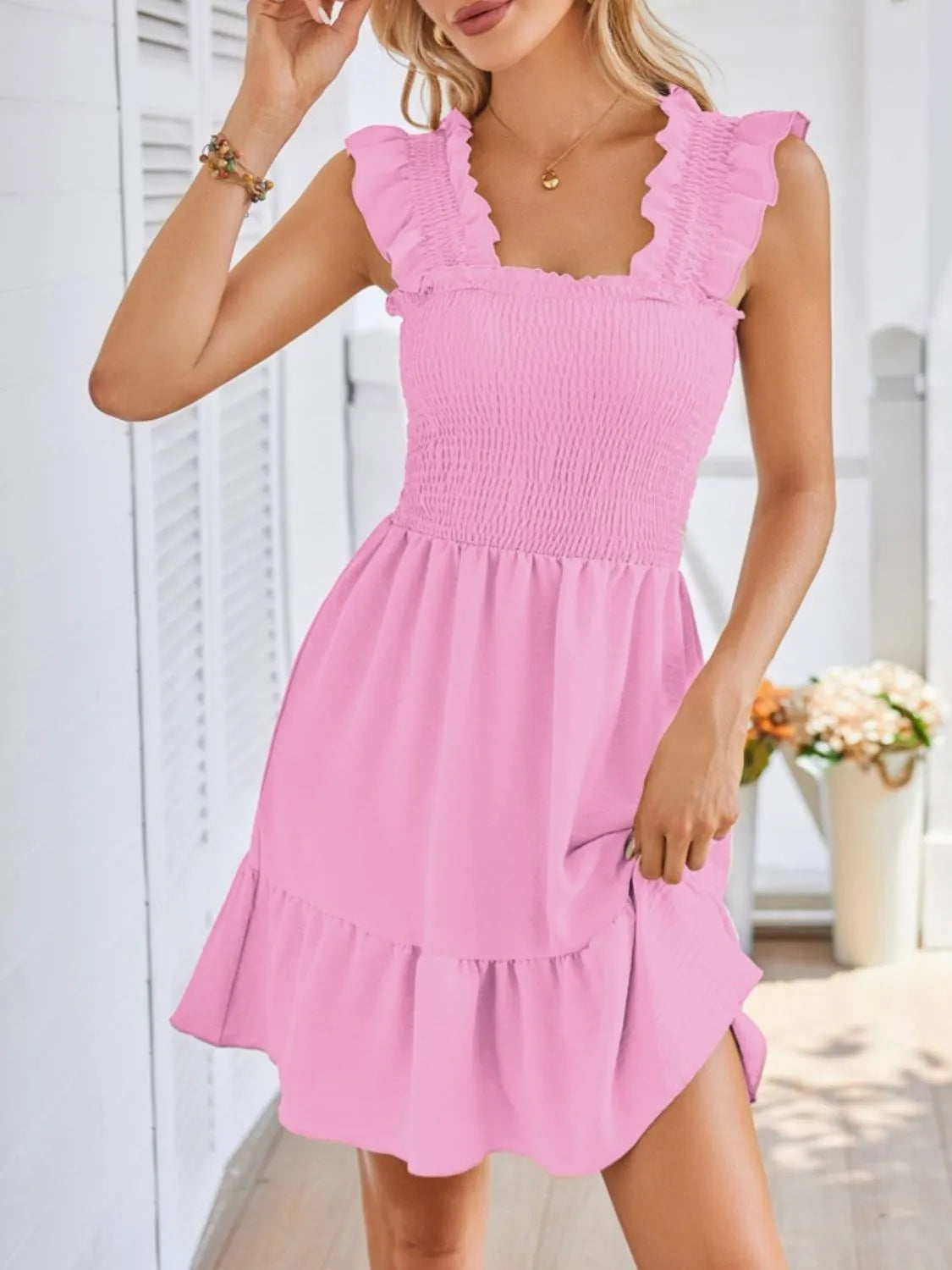 Smocked Square-Neck Ruffle-Strap Mini Dress