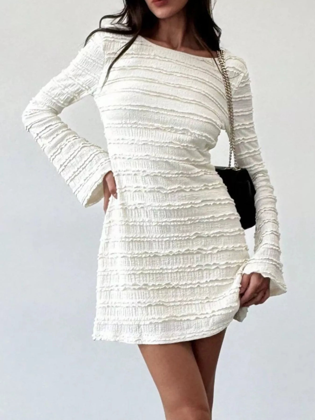 Apricot Textured Open-Back Flare-Sleeve Mini Dress