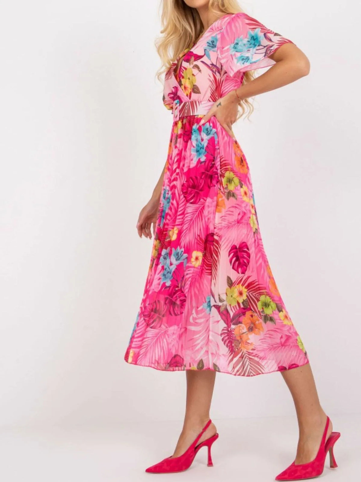 Printed Belted Pleated Wrap-Look Midi Dress