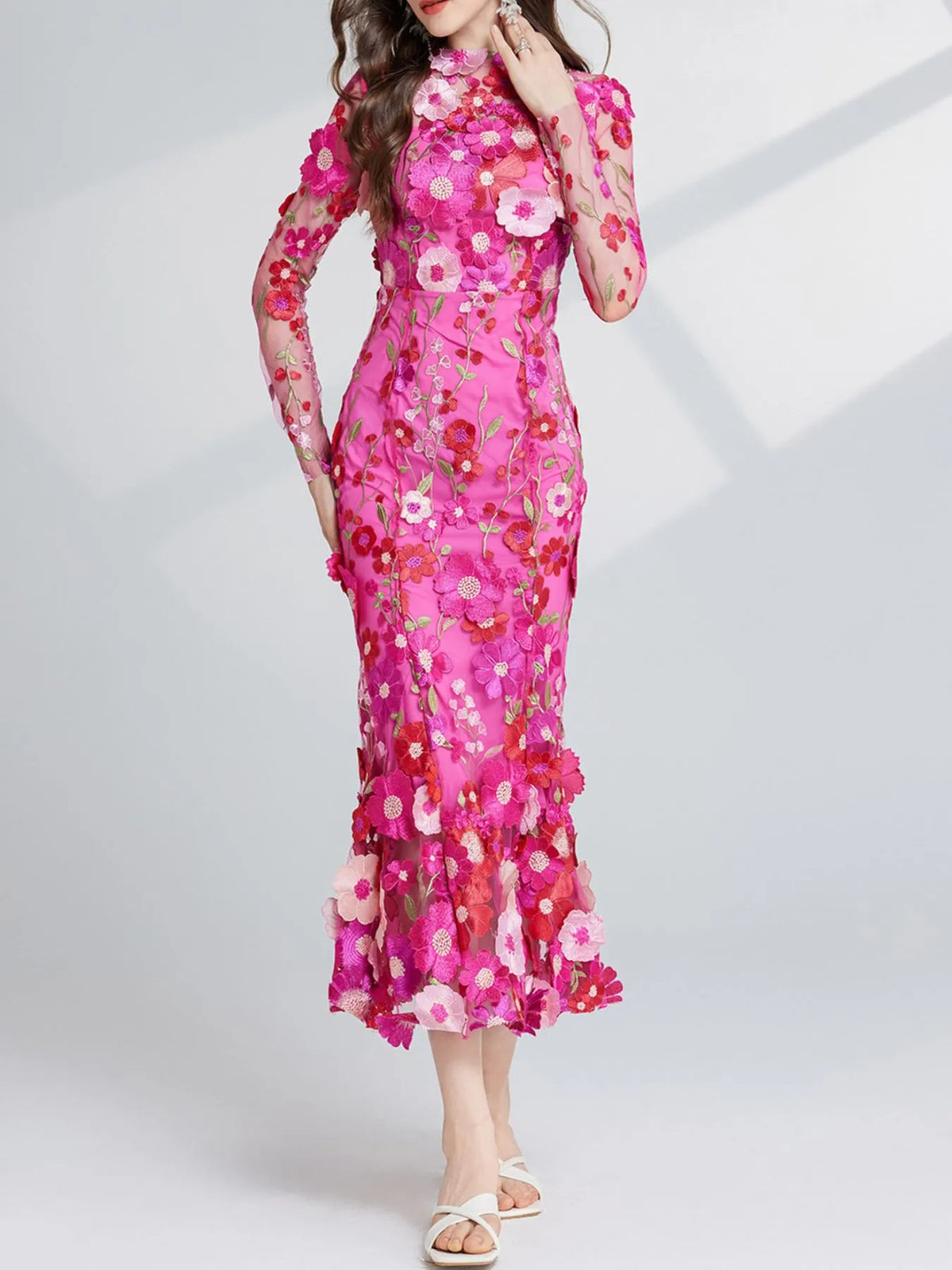 Floral-Embroidered Mesh Long-Sleeve Midi Dress