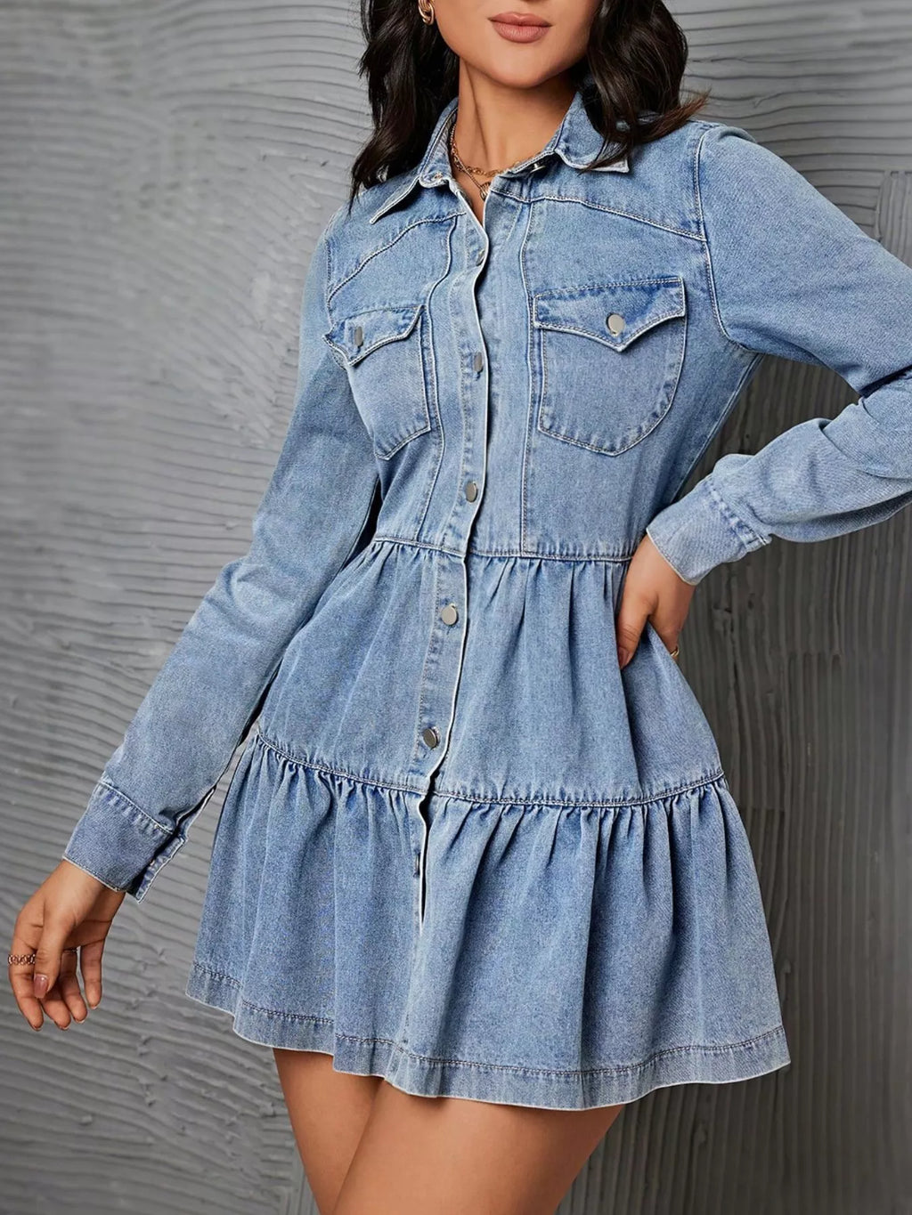 Blue Button-Front Tiered Denim Mini Dress