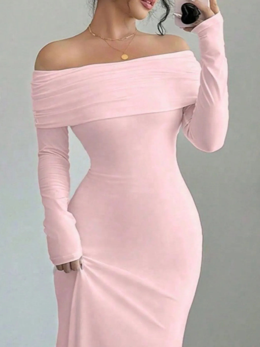 Off-Shoulder Twist-Back Long-Sleeve Bodycon Maxi Dress