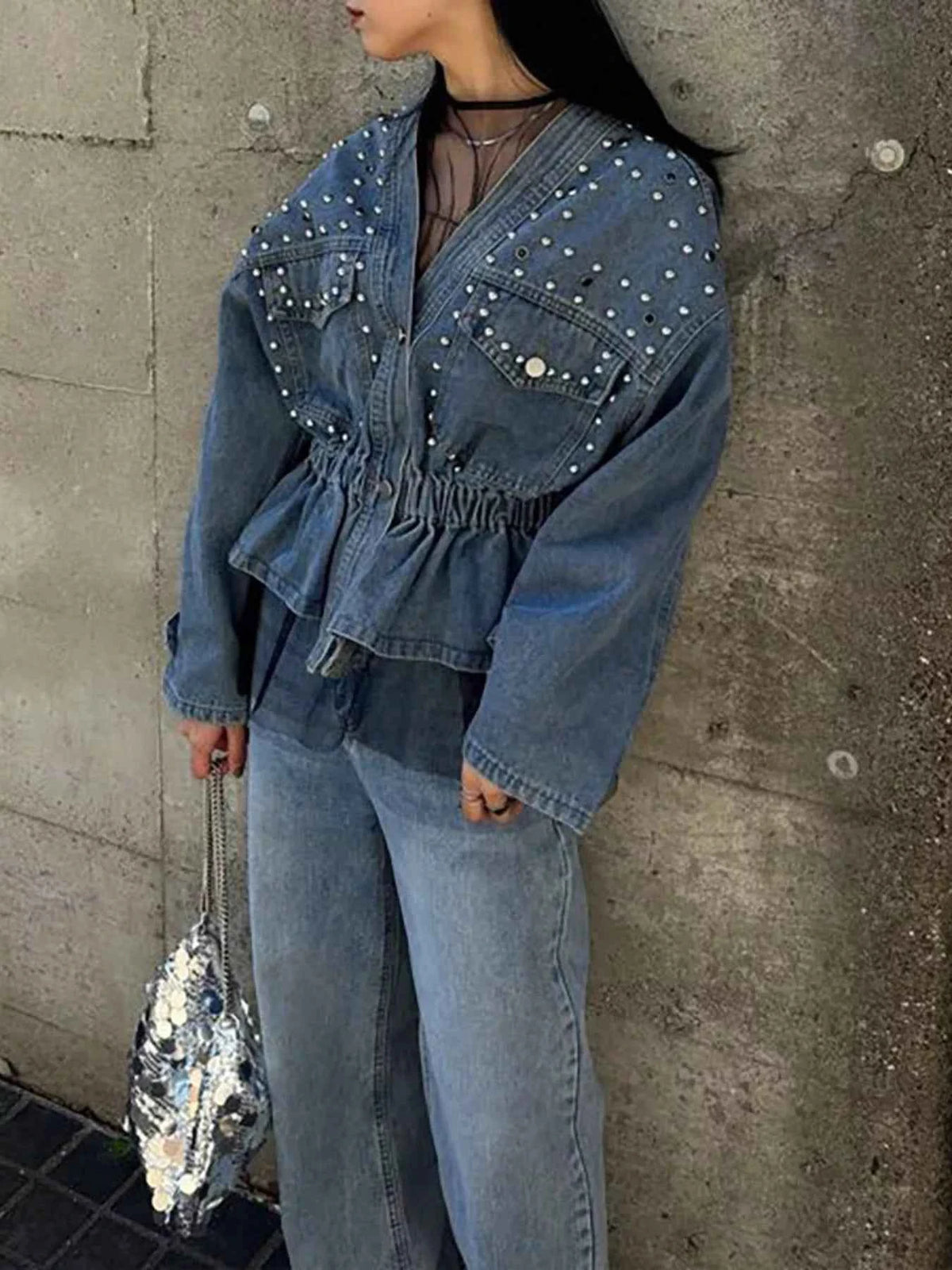 Studded Button-Up Denim-Look Jacket