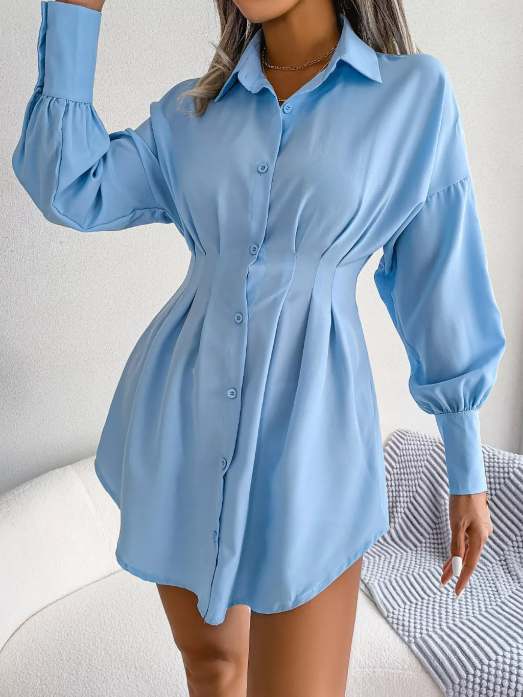 Button-Down Cinched-Waist Mini Shirt Dress