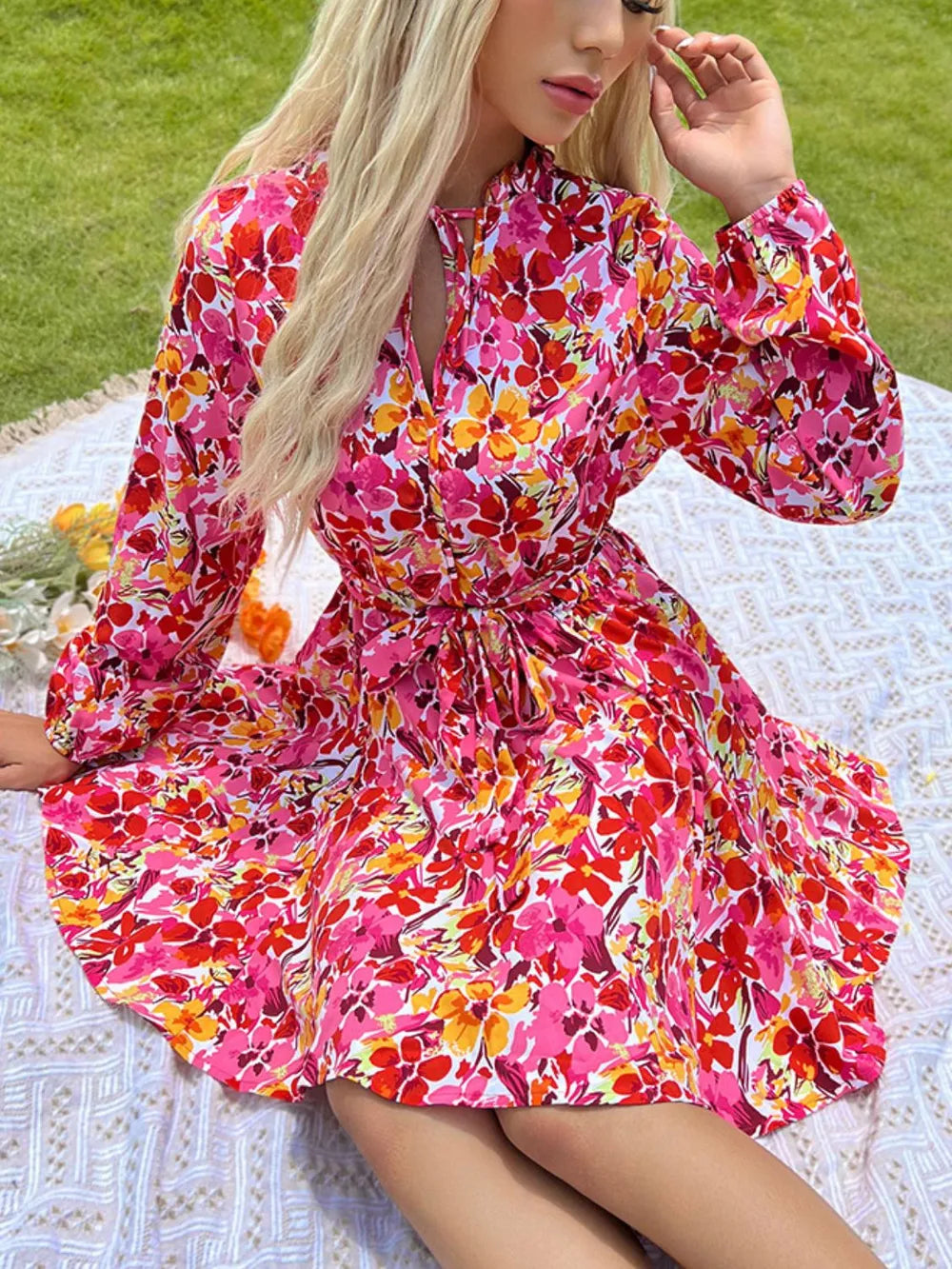 Perfee Floral Tie-Neck Long-Sleeve Mini Dress
