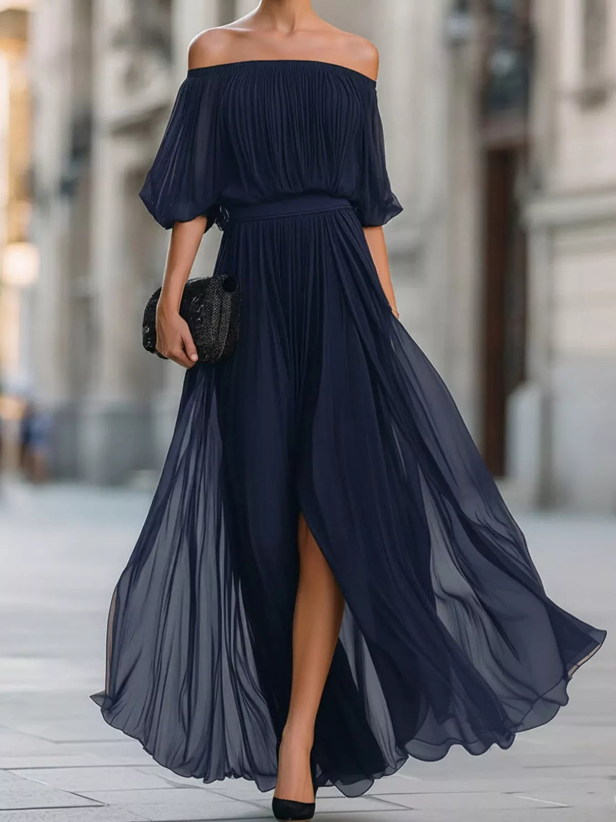 Off-Shoulder Ruched Chiffon Maxi Dress