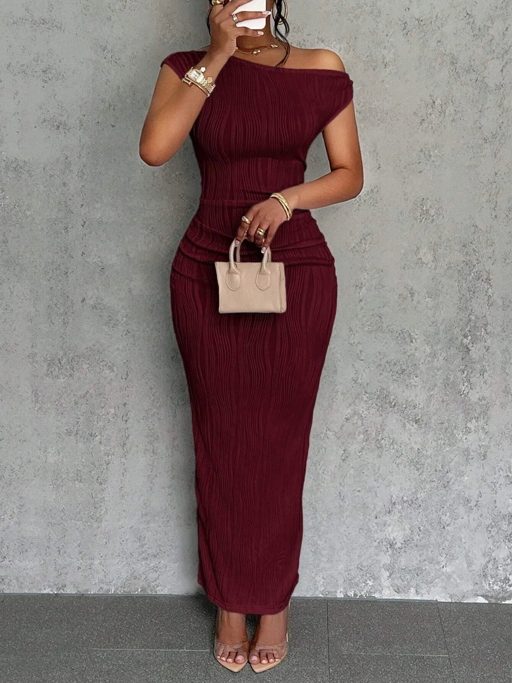 Textured One-Shoulder Maxi Dress